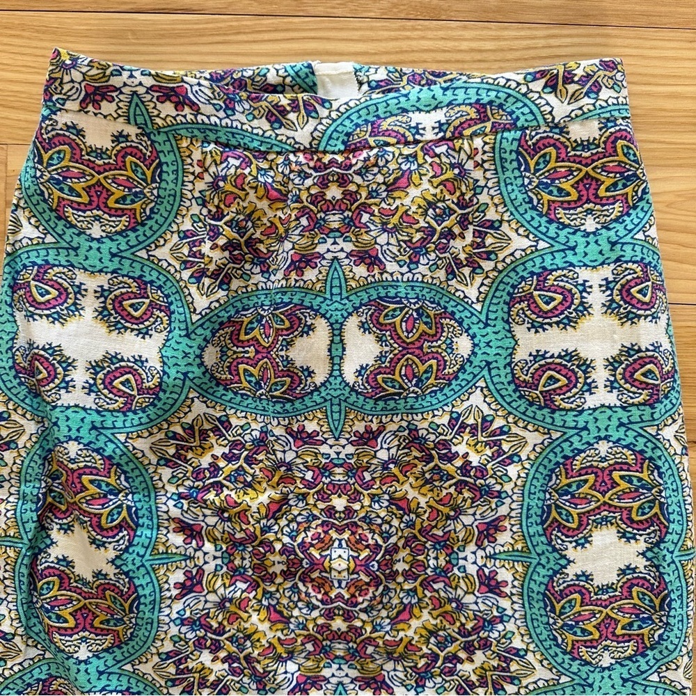 Maeve Turquoise Blue Pink Ivory Floral Print Skirt 2 Anthropologie Linen Blend - Picture 2 of 14